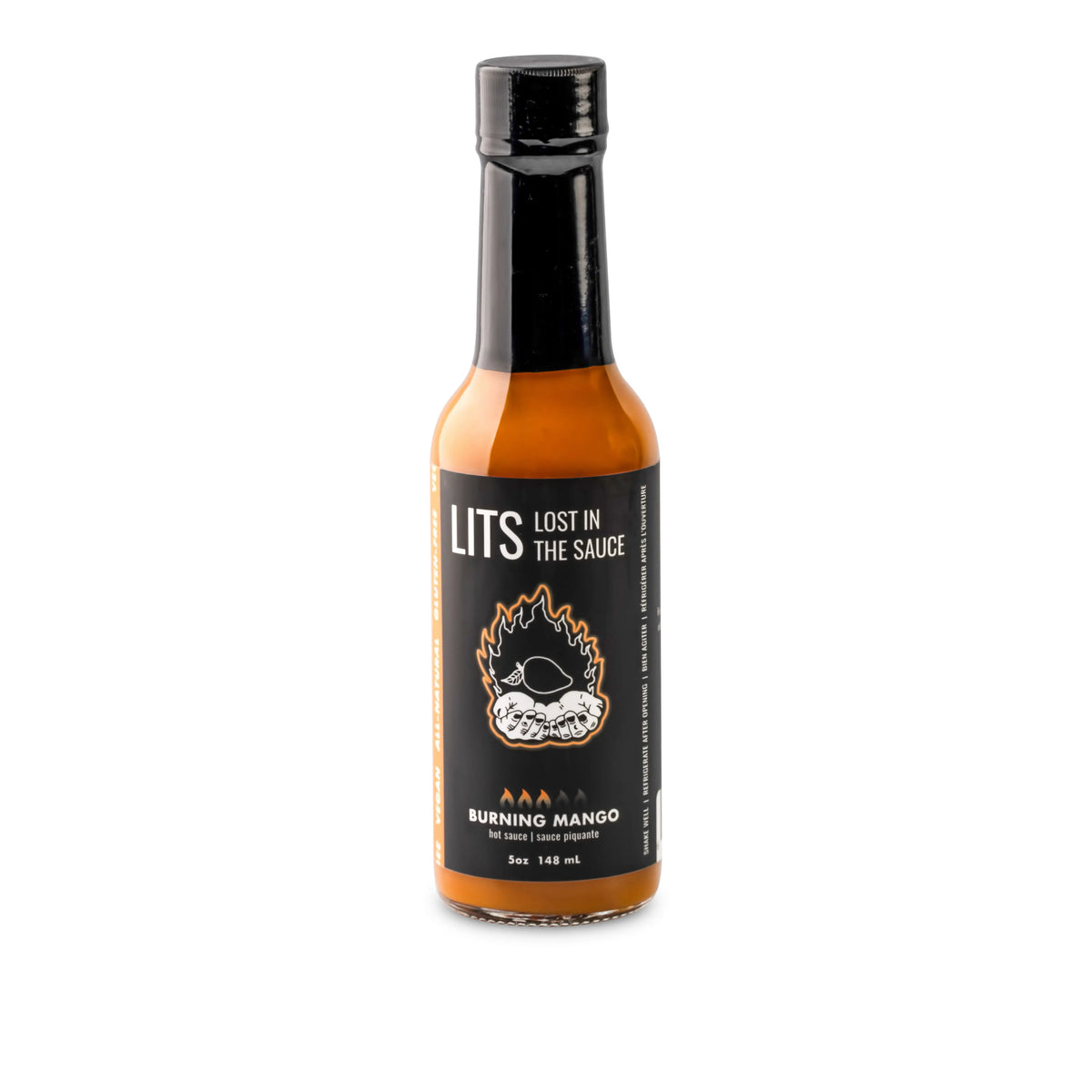 Burning Mango mango habanero hot sauce bottle by Lost in the Sauce, white background