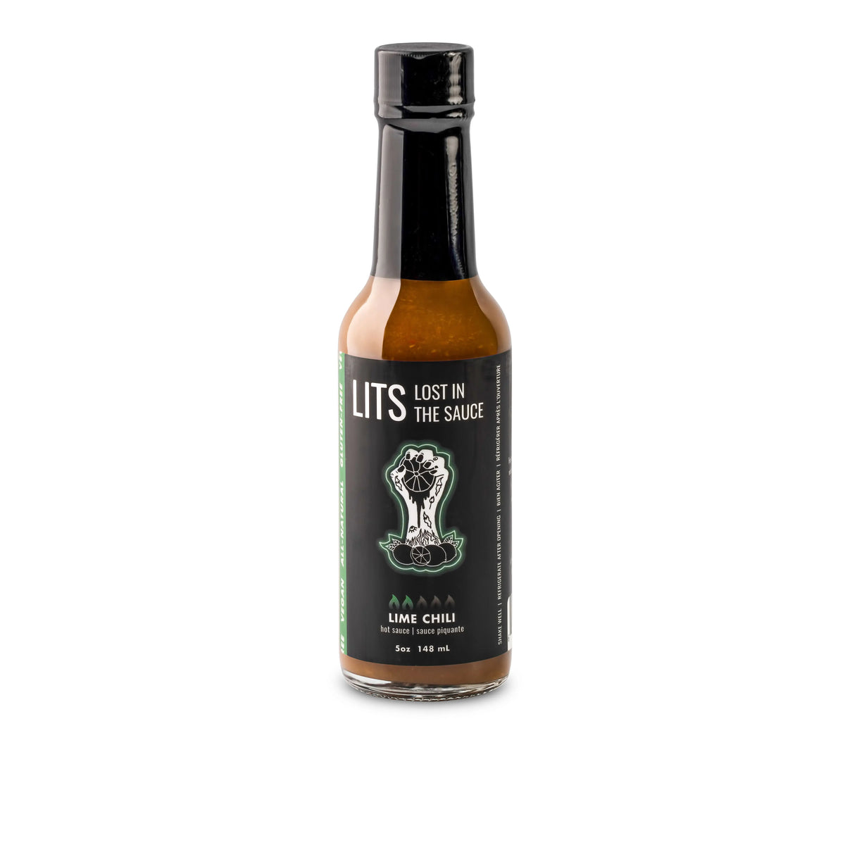 Lime Chili mild salsa verde-style hot sauce bottle by Lost in the Sauce, white background