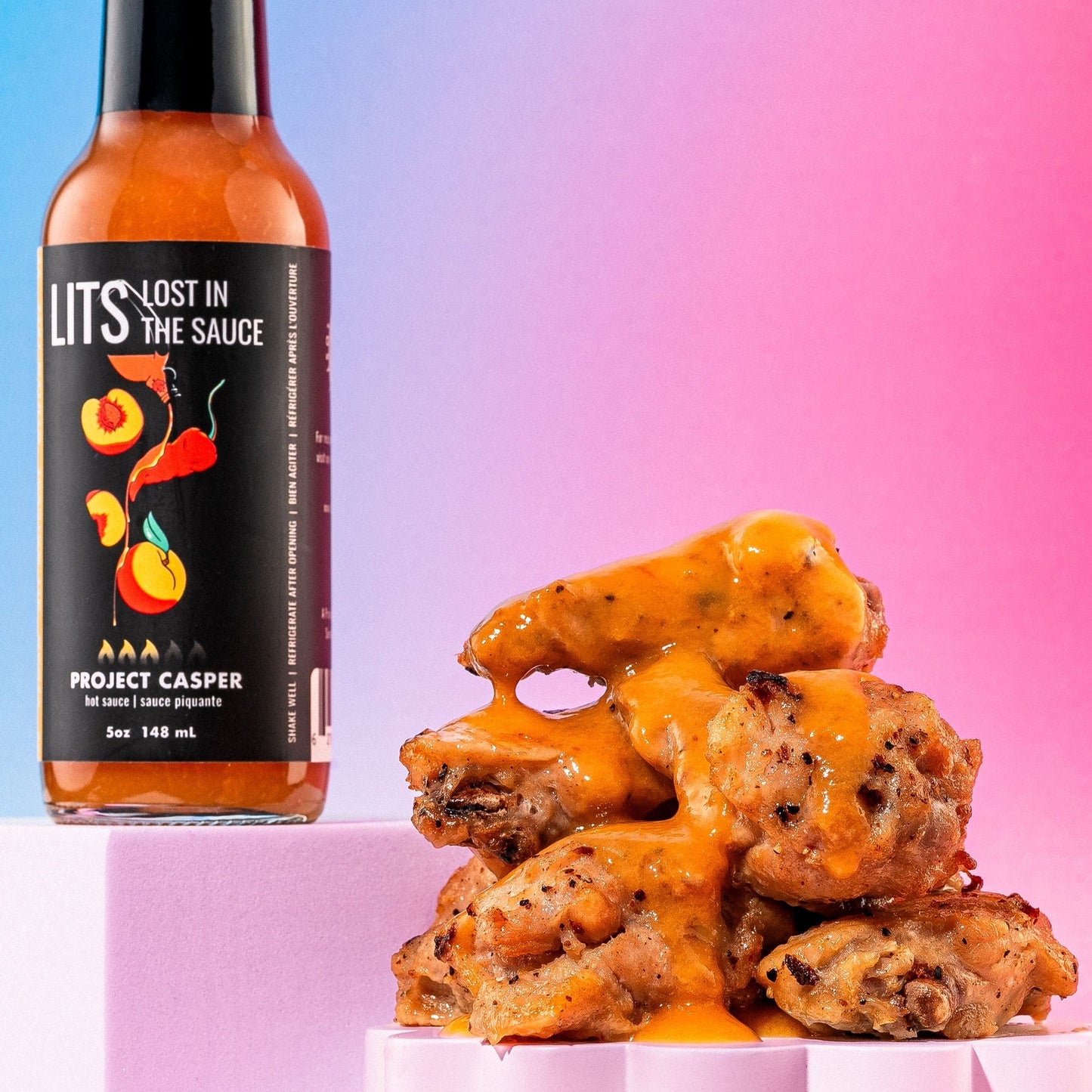 Project Casper - Peach hot maple ghost pepper hot sauce by Lost in the Sauce LITS Toronto hot sauce made in Canada