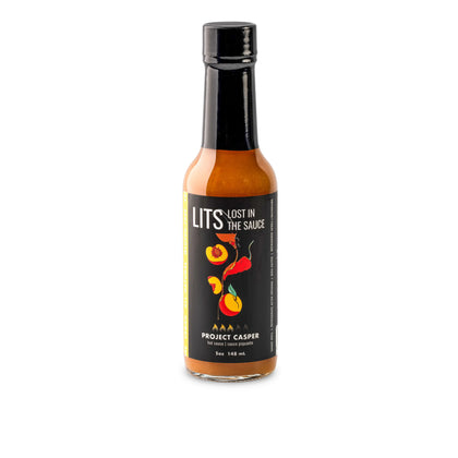 Project Casper peach maple ghost pepper hot sauce bottle by Lost in the Sauce, white background