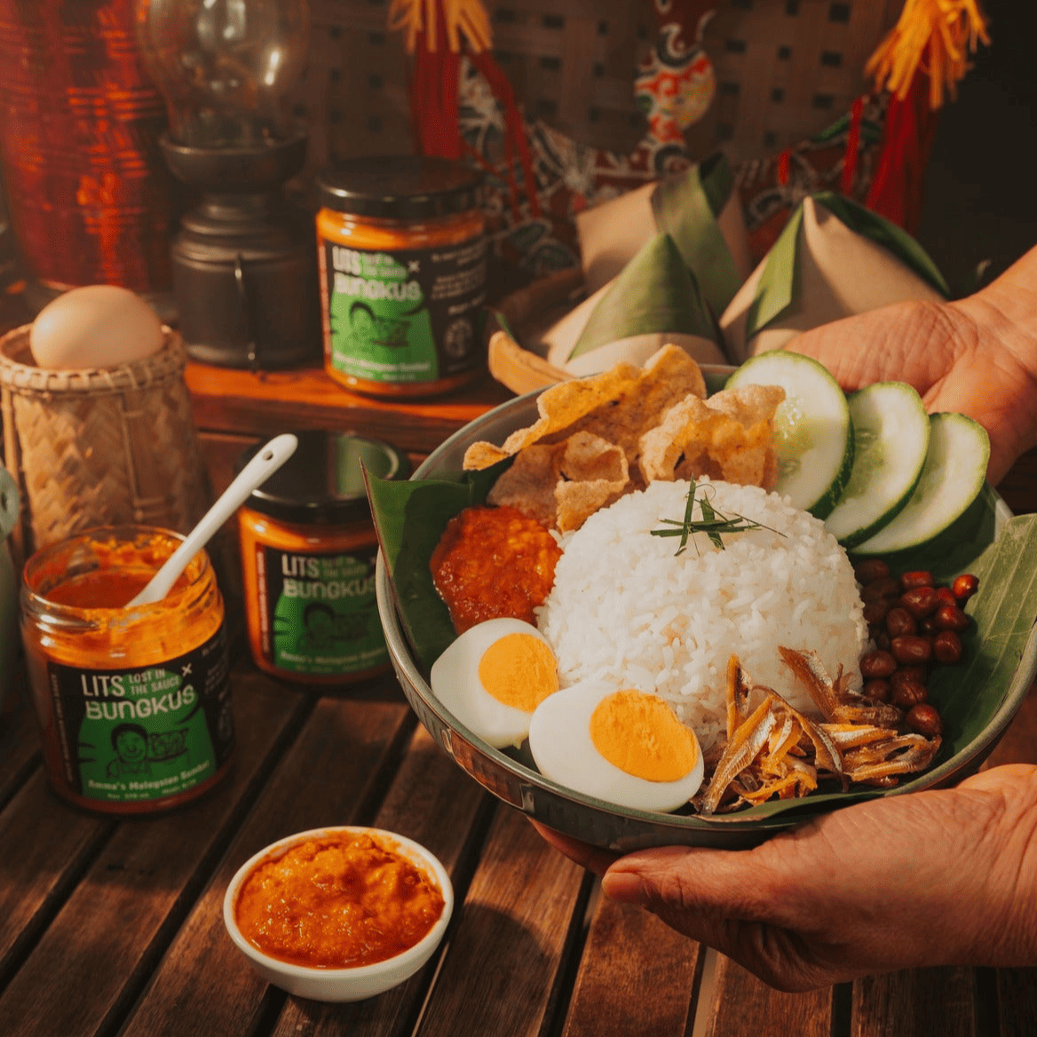 Amma's Malaysian Sambal by Lost in the Sauce LITS x Bungkus paired with nasi lemak