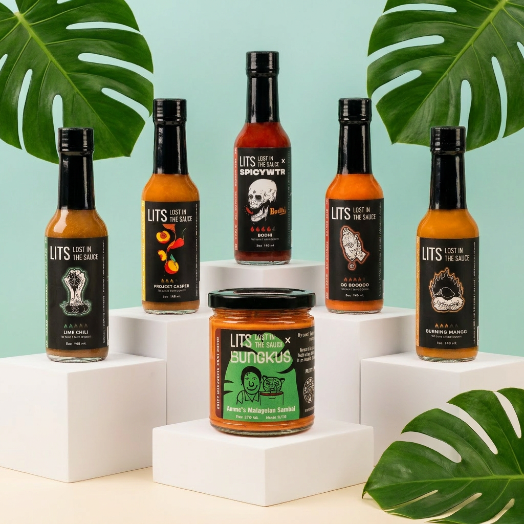 The Full LITS Collection bundle: all six Lost in the Sauce hot sauces and sambal