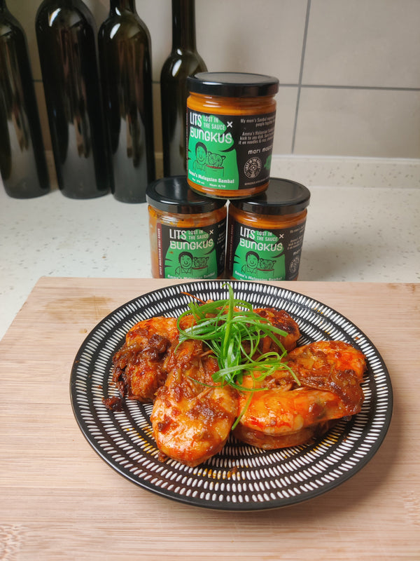 Malaysian sambal prawns on a plate with Amma's Malaysian Sambal