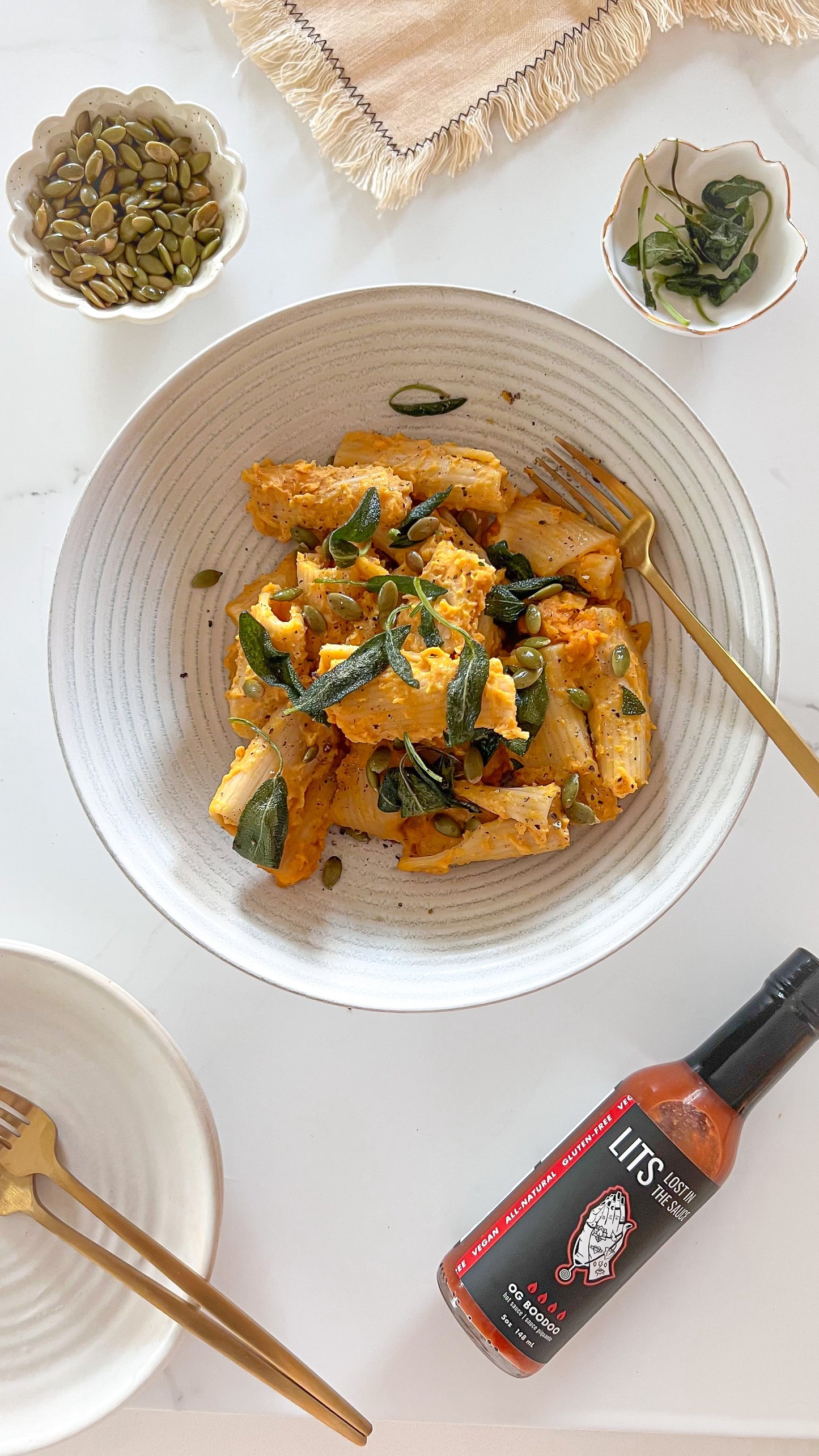 Creamy butternut squash pasta with crispy sage and LITS OG Boodoo