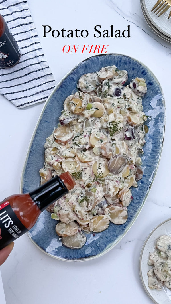Creamy potato salad on fire with LITS OG Boodoo pepper sauce