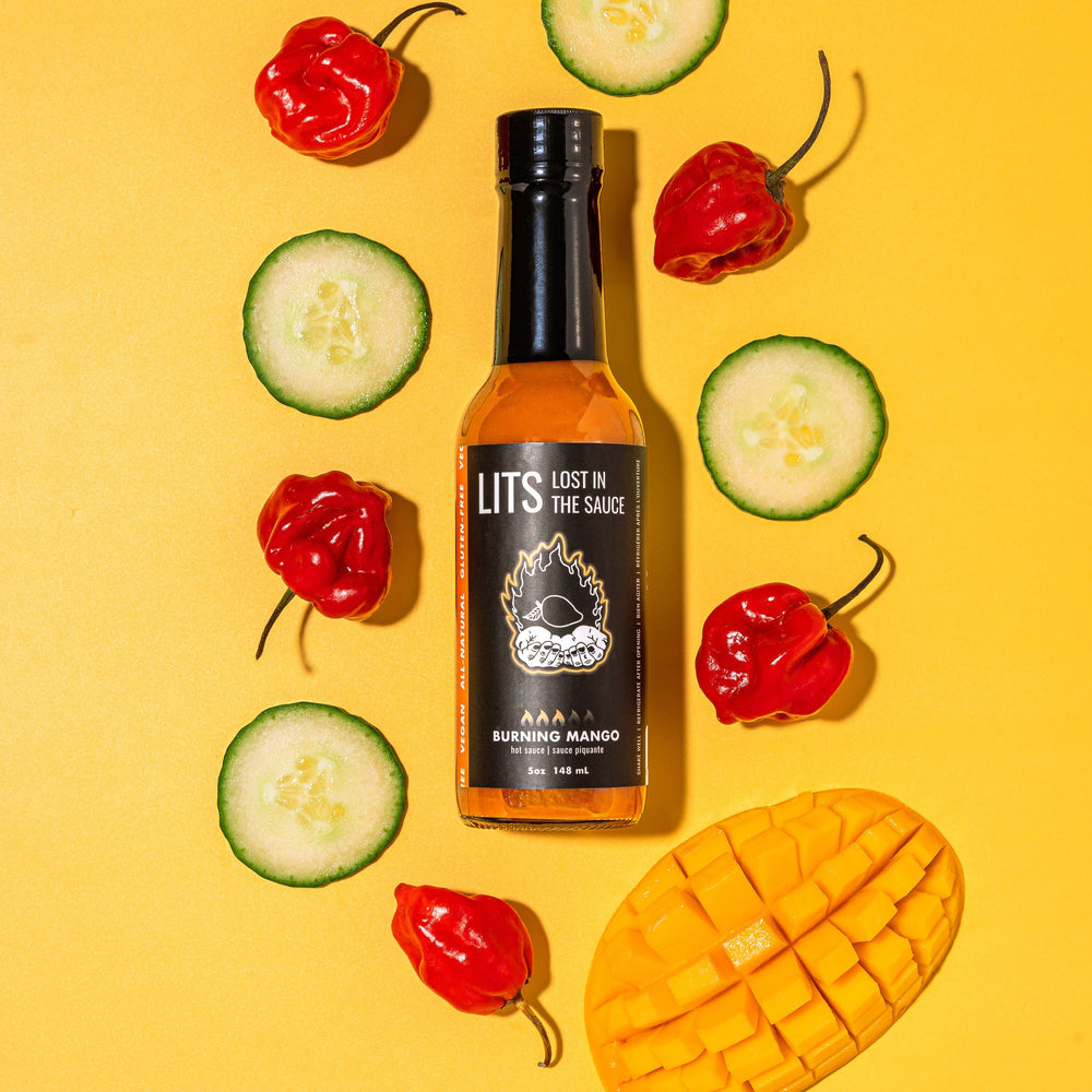 Burning Mango sweet and spicy mango habanero hot sauce by Lost in the Sauce LITS Toronto hot sauce made in Ontario Canada