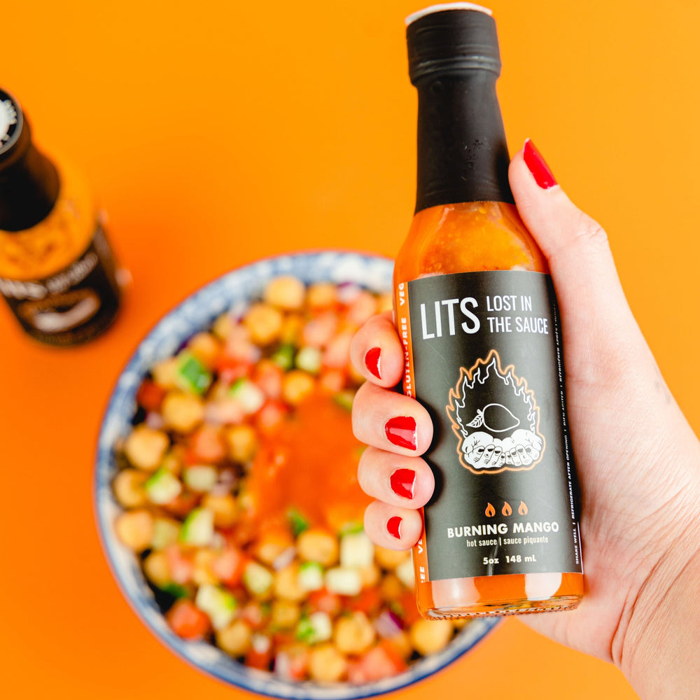 Burning Mango sweet and spicy mango habanero hot sauce by Lost in the Sauce LITS Toronto hot sauce made in Ontario Canada